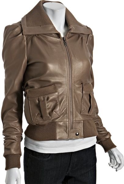Stella & Jamie Taupe Leather Zip Front Pintuck Bomber Jacket in Brown ...