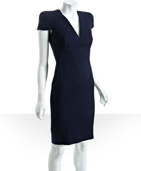 Alexander Mcqueen Navy Wool V-neck Cap Sleeve Dress in Blue (navy) | Lyst