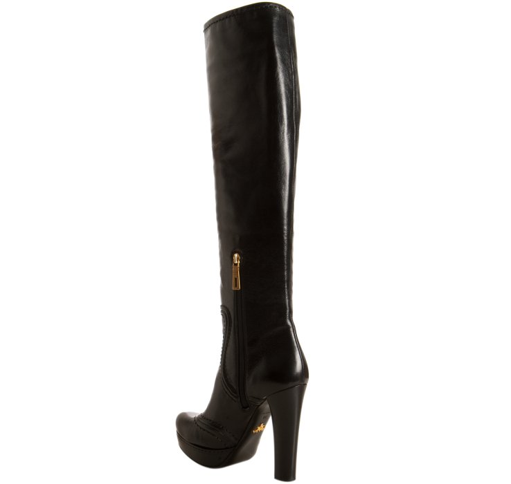 Prada Black Leather Saddle Stitched Tall Platform Boots in Brown | Lyst