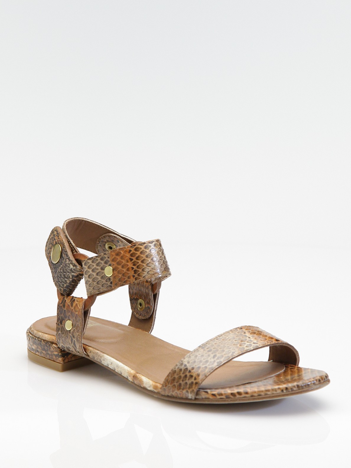 Lyst Stuart Weitzman Snake Embossed Leather Flat Sandals In Brown