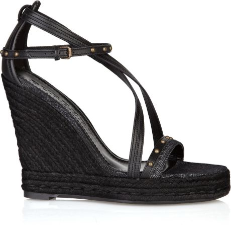 Burberry Studded Leather and Denim Wedge Sandals in Black (denim) | Lyst