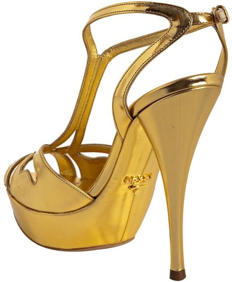 Prada T-strap Platform Sandal in Gold | Lyst