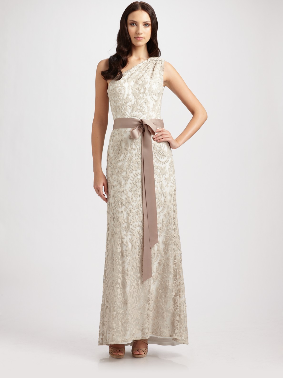 Lyst Tadashi Shoji One Shoulder Embroidered Lace Gown In Natural Gallery