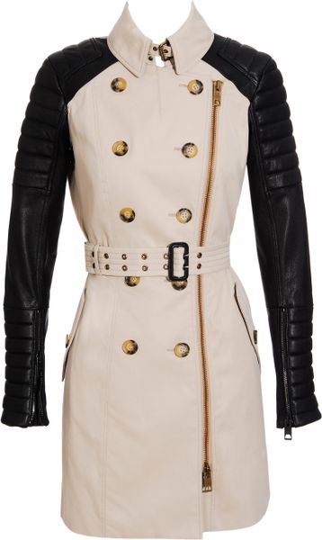 Burberry Prorsum Gabardine Trench Coat with Leather Biker Sleeves in ...