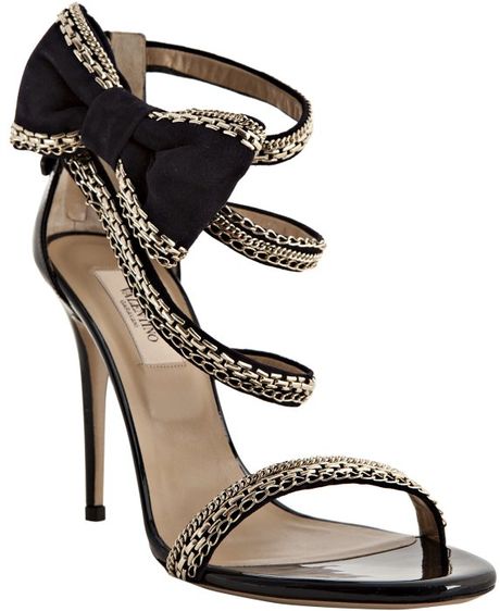 Valentino Navy Chain Link Trimmed Suede Bow Detail Sandals in Gold ...
