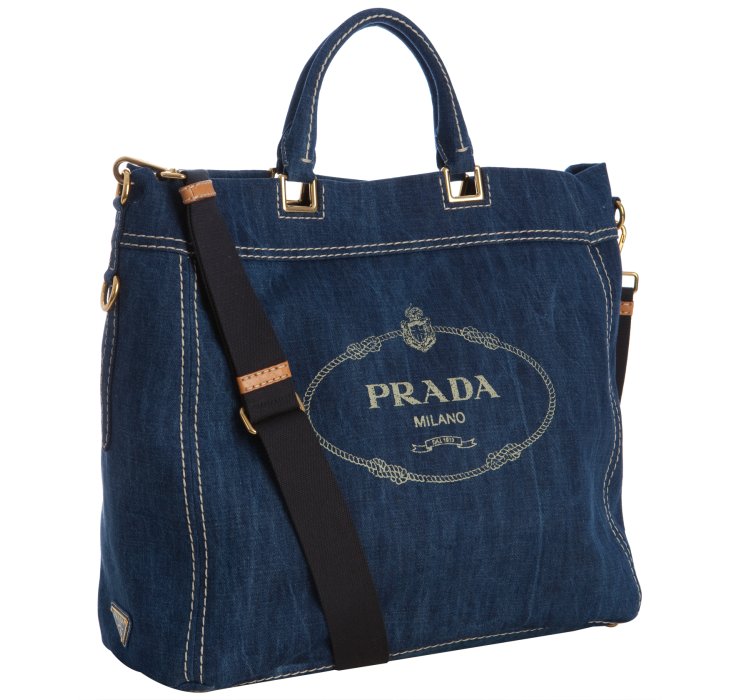 Prada Blue Denim Logo Print Tote Bag in Blue | Lyst