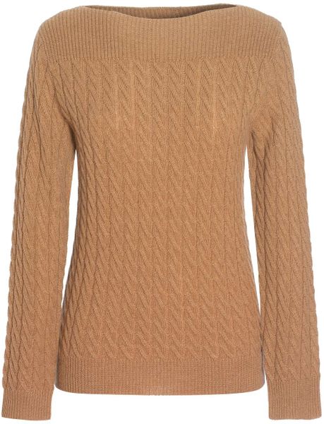 Jaeger Soft, classic cable knit sweater with slash neckline and 3/4 ...