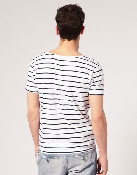 Asos Collection Asos Stripe Deep Scoop Neck T-shirt in White for Men | Lyst