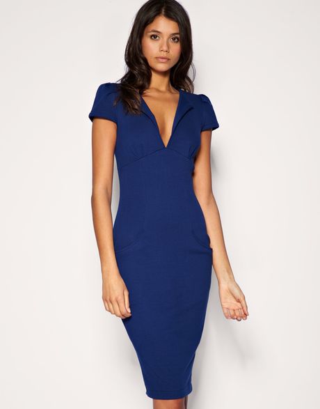 Asos Collection Asos Ponti Pencil Dress with Pockets in Blue (navy) | Lyst