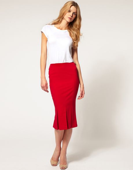 Asos Collection Asos Exposed Zip Pleat Fishtail Pencil Skirt in Red | Lyst