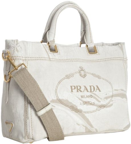 Prada White Painted Canvas Logo Print Tote Bag in White | Lyst