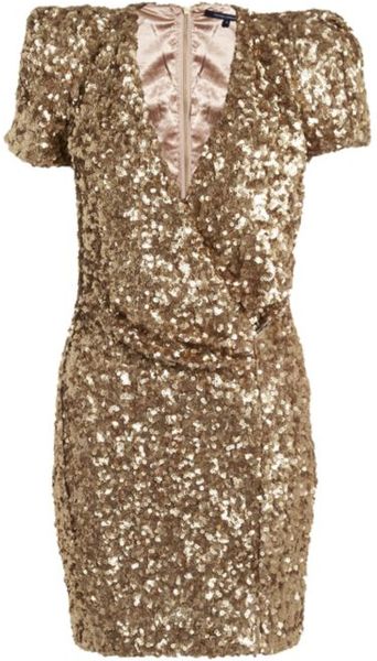 French Connection Sequin Mock-wrap Dress in Gold | Lyst