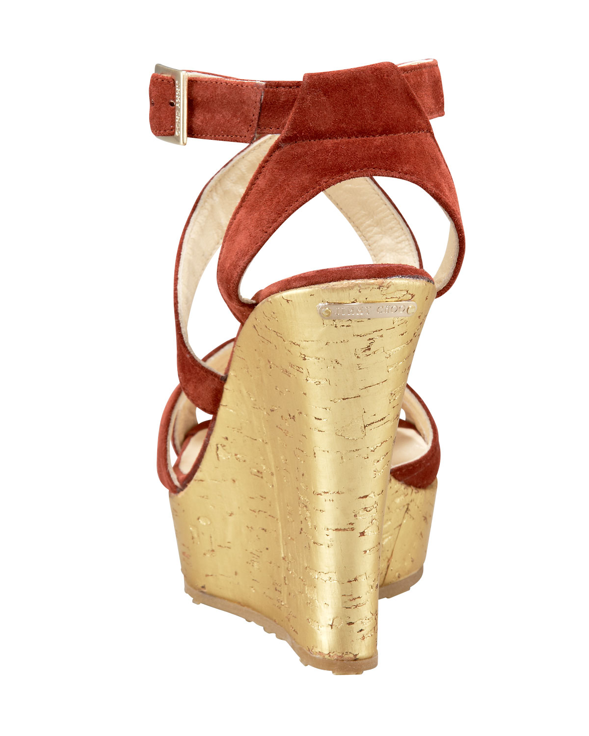 Jimmy choo Red and Gold Suede Perfect Metallic Cork Wedge Sandals in
