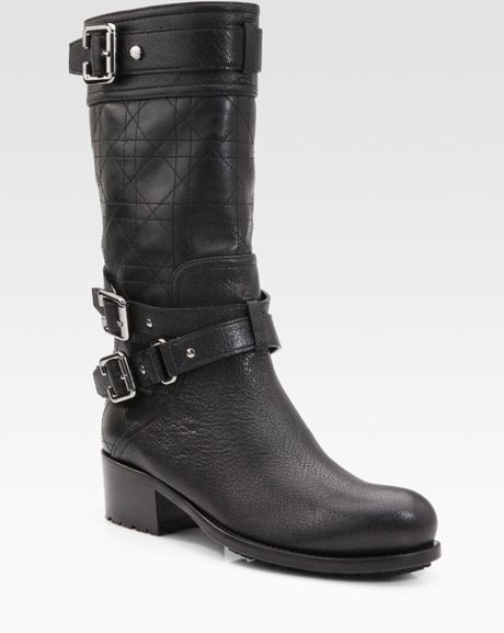 Dior Cannage Leather Mid-calf Buckle Boots in Black | Lyst