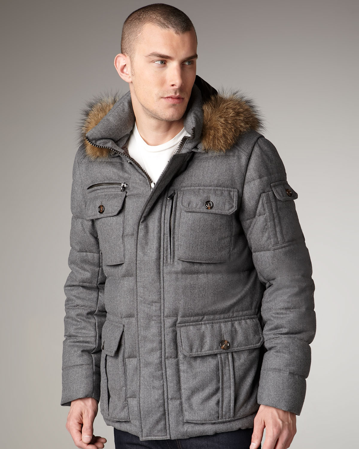 Lyst - Moncler Fur-trim Hooded Parka in Gray for Men