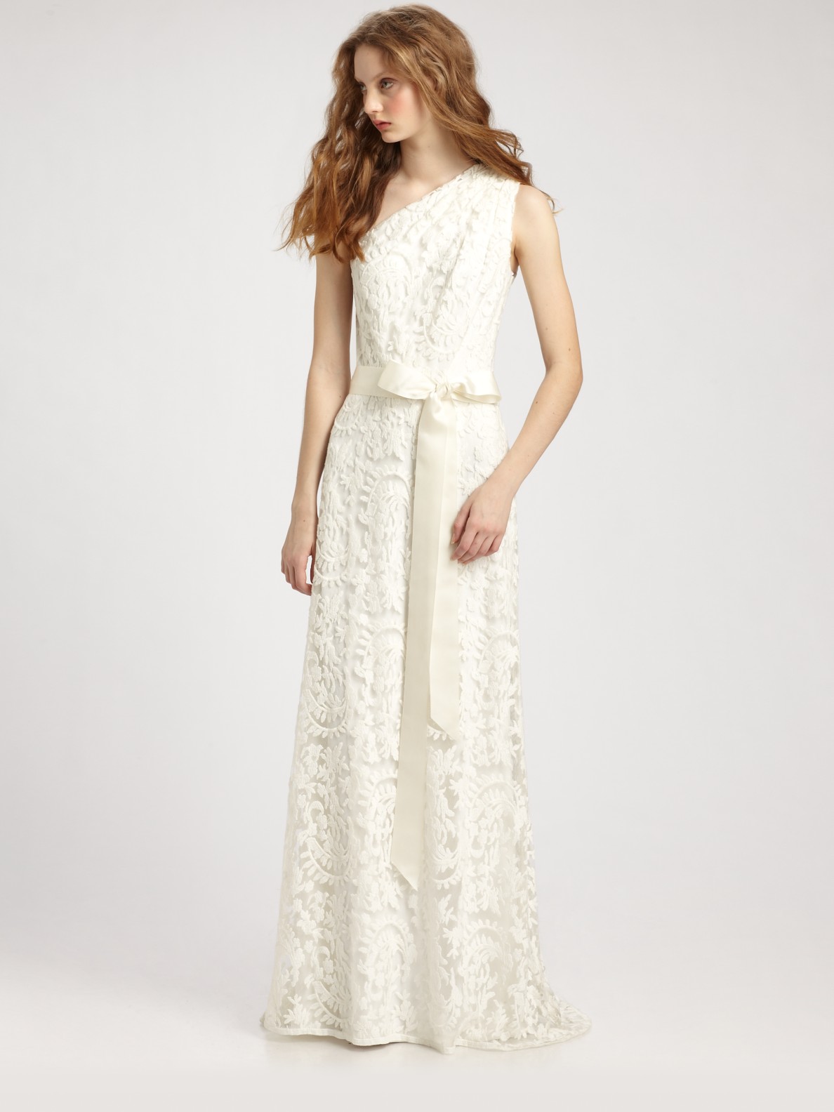 Tadashi shoji One-shoulder Lace Gown in White | Lyst