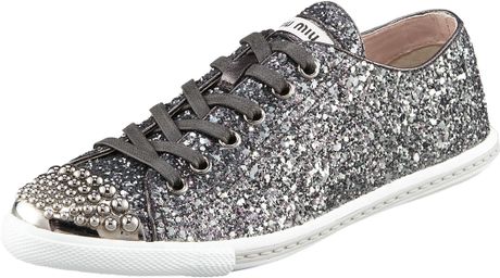 Miu Miu Glitter Sneaker in Gray (anthracite) | Lyst