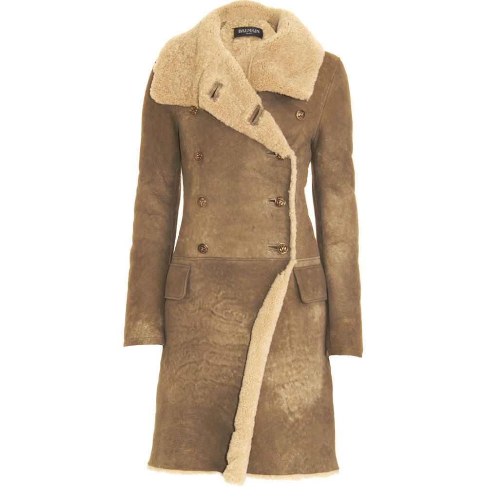 Balmain Shearling Double Breasted Coat in Brown (beige) | Lyst