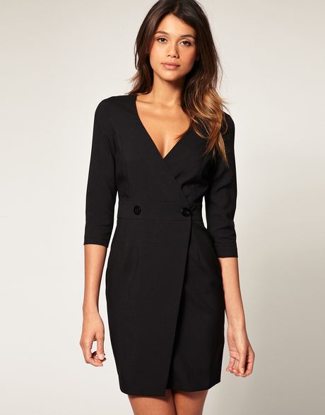 Asos Collection Asos Wrap Pencil Dress with Fitted Skirt in Black | Lyst