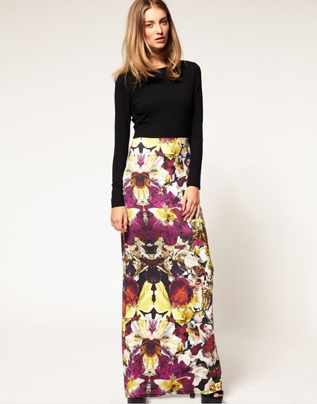 Ted Baker Orchid Print Jersey Maxi Dress in Black | Lyst