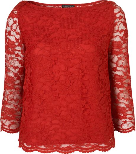 Topshop Lace 3/4 Sleeve Top in Red | Lyst