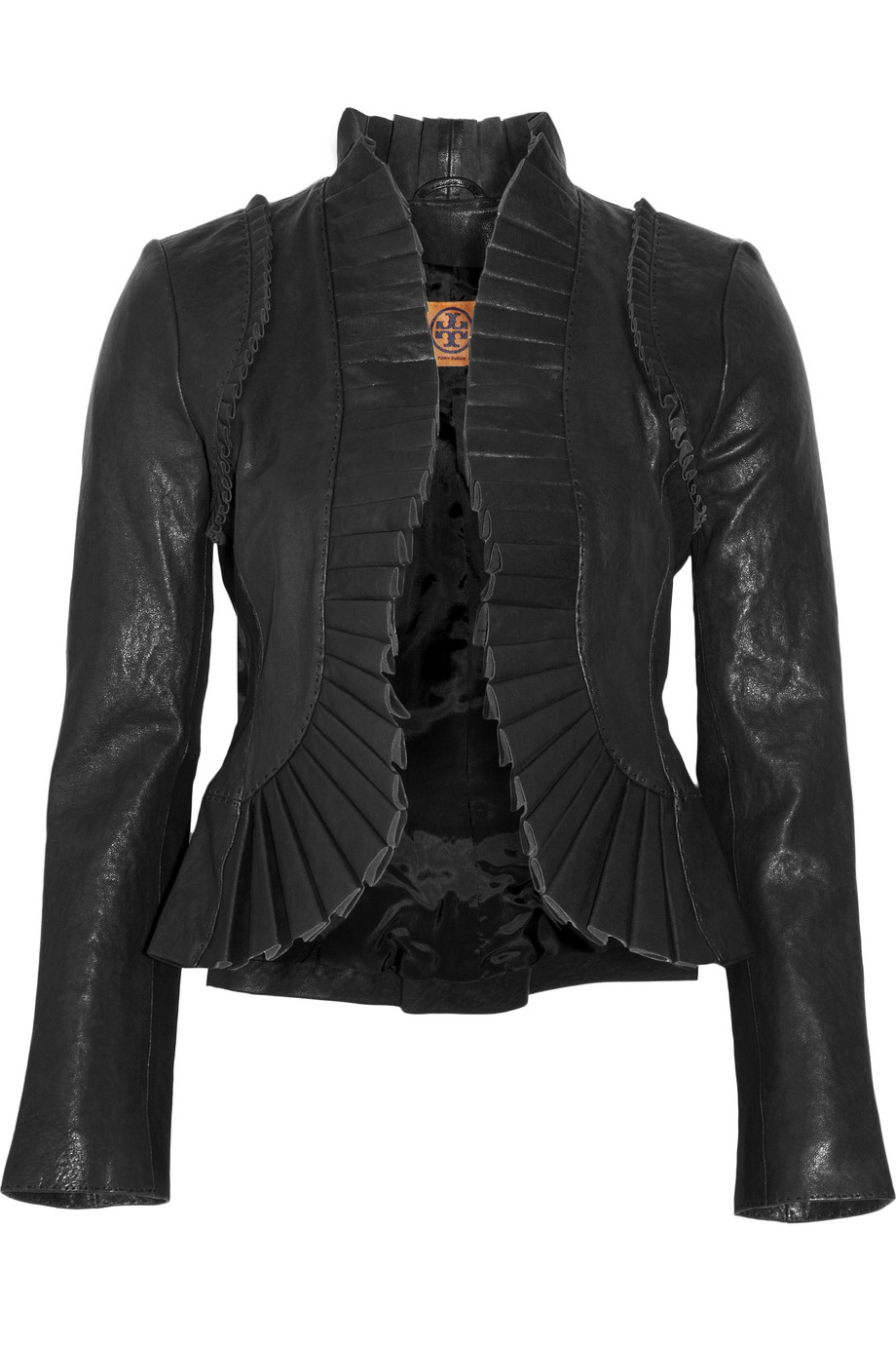Tory Burch Andra Ruffled Leather Jacket in Black | Lyst