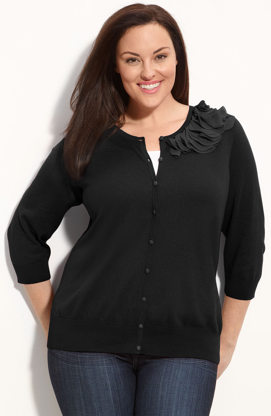 Sejour Folded Chiffon Trim Cardigan (plus) in Black | Lyst