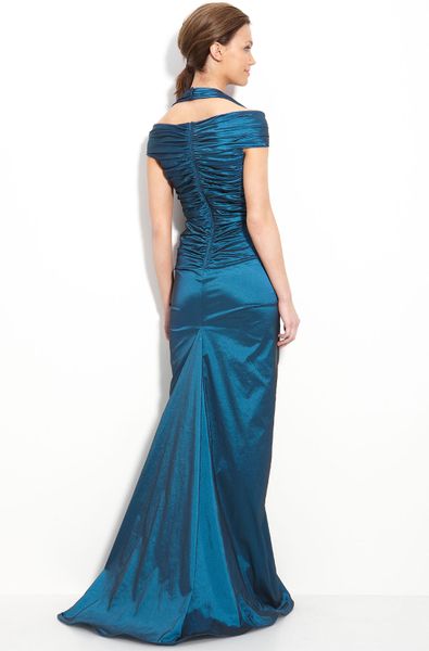 Tadashi Shoji Ruched Taffeta Fishtail Gown in Blue (eclipse) | Lyst