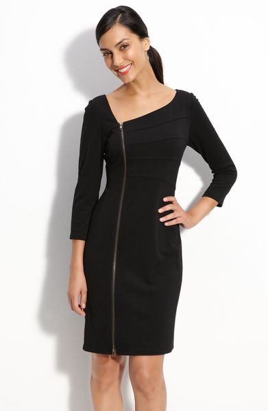 Muse Zip Front Ponte Knit Sheath Dress in Black | Lyst