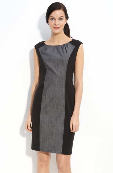 Calvin Klein Chambray & Ponte Knit Sheath Dress in Black (black denim ...