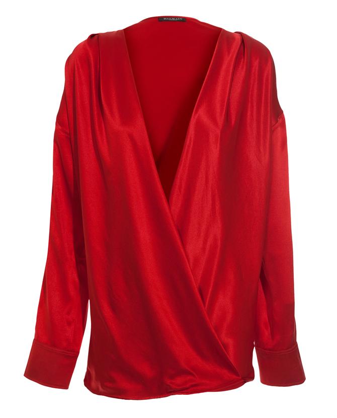 Balmain Silk Wrap Top in Red | Lyst