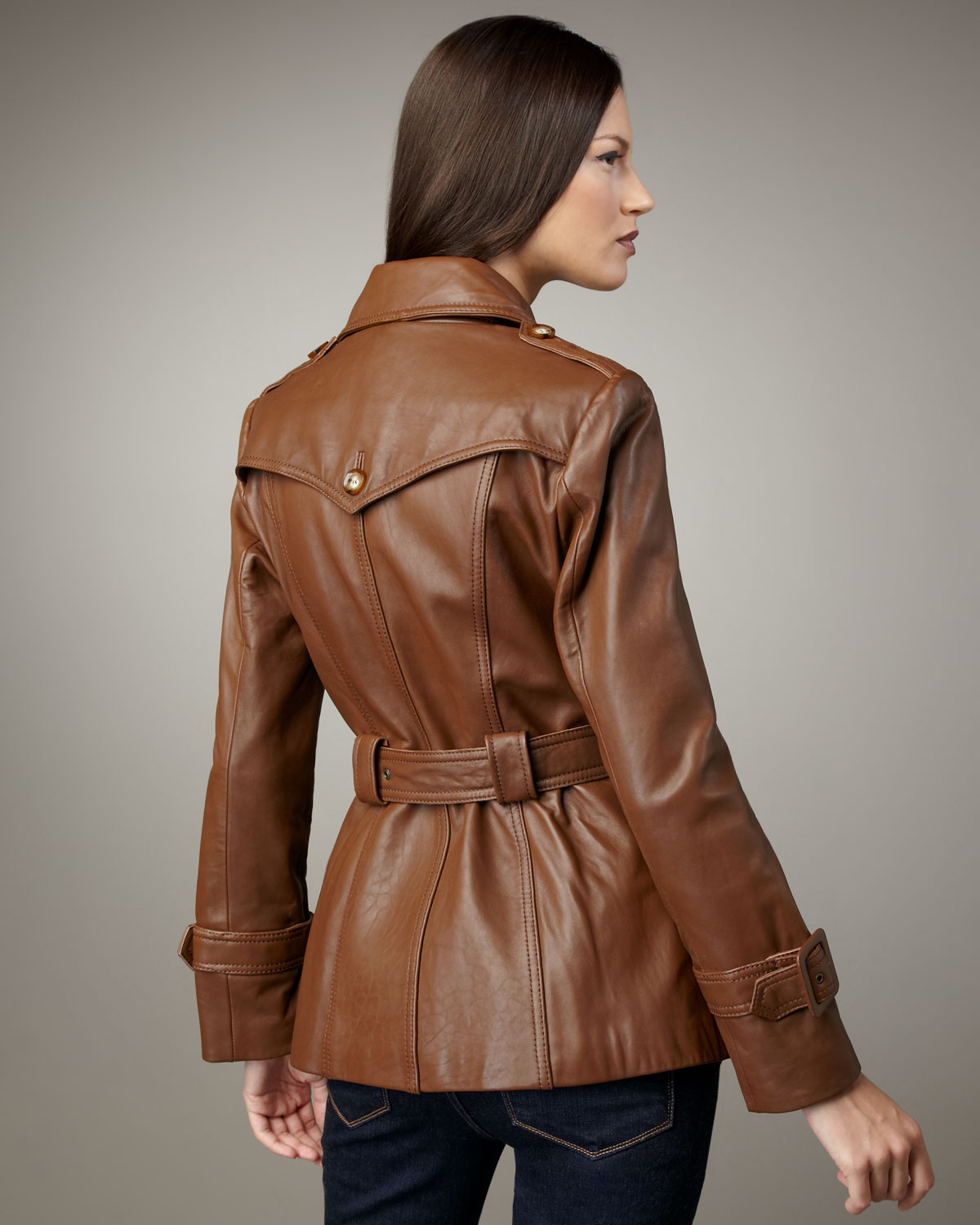 Lyst - Neiman Marcus Short Belted Leather Trenchcoat in Brown