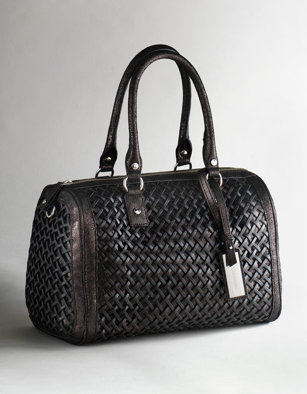 Calvin Klein Woven Leather Satchel Bag in Black | Lyst