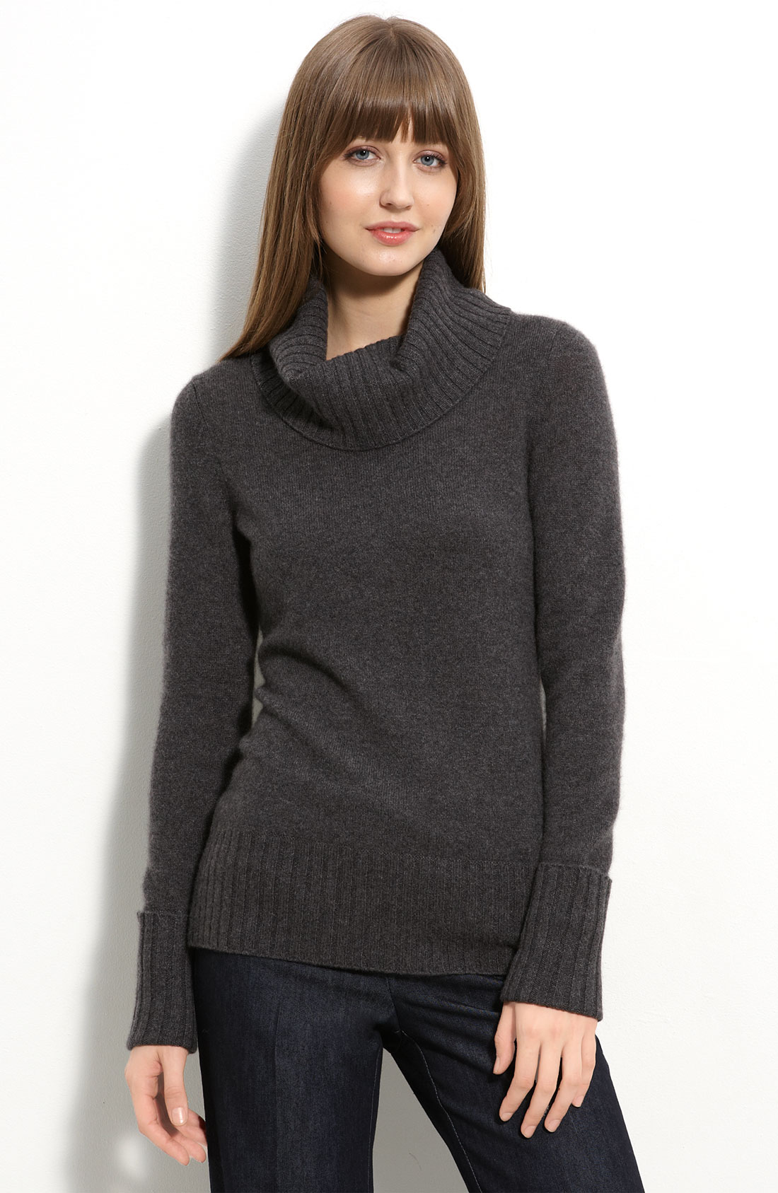 Only Mine Rib Trim Cashmere Cowl Neck Sweater in Gray (charcoal) | Lyst