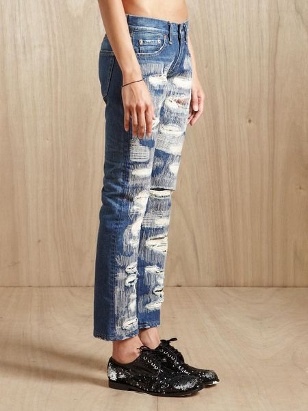 Junya Watanabe Womens Distressed Patchwork Jeans in Blue | Lyst