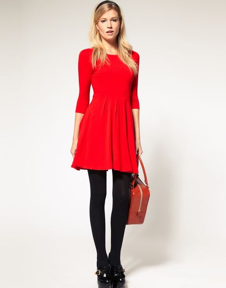 Asos Collection Asos Dress with Pleated Skater Skirt in Red | Lyst
