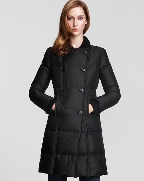 Dkny Long Sleeve Double Breasted Puffer Coat with Knit Collar in Black ...