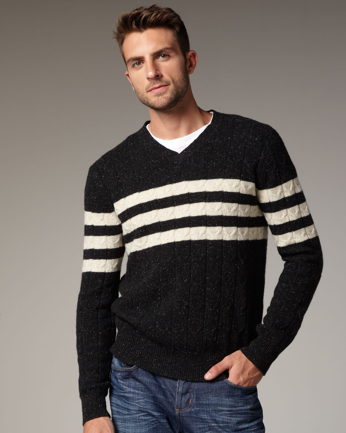 Vince Striped V-neck Sweater in Black for Men | Lyst