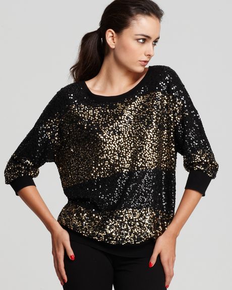 Dkny Stripe Sequin Sweater in Black (black antique gold) | Lyst