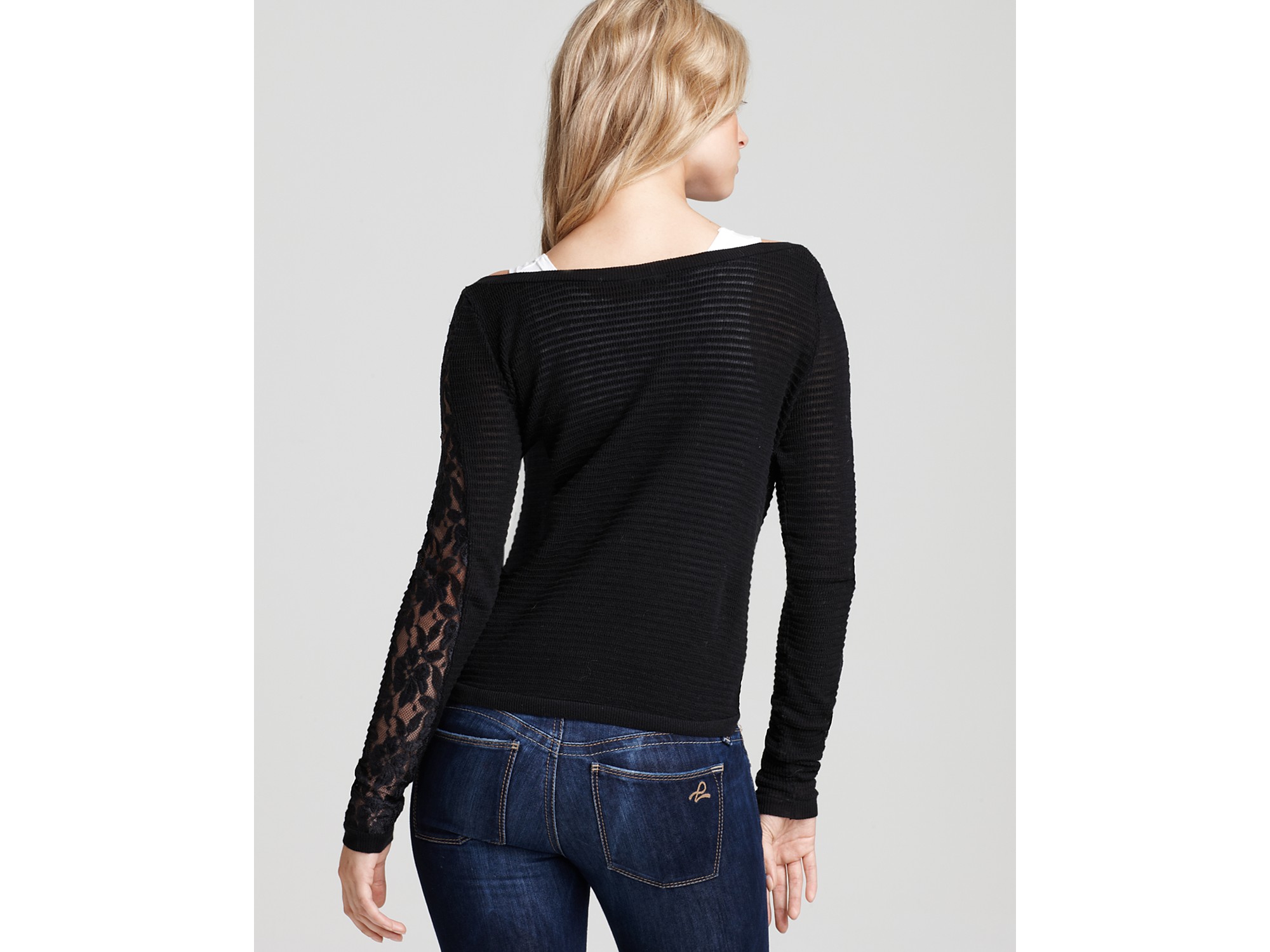 Lyst - Free People Fuzzy Lace Sleeve Sweater in Black