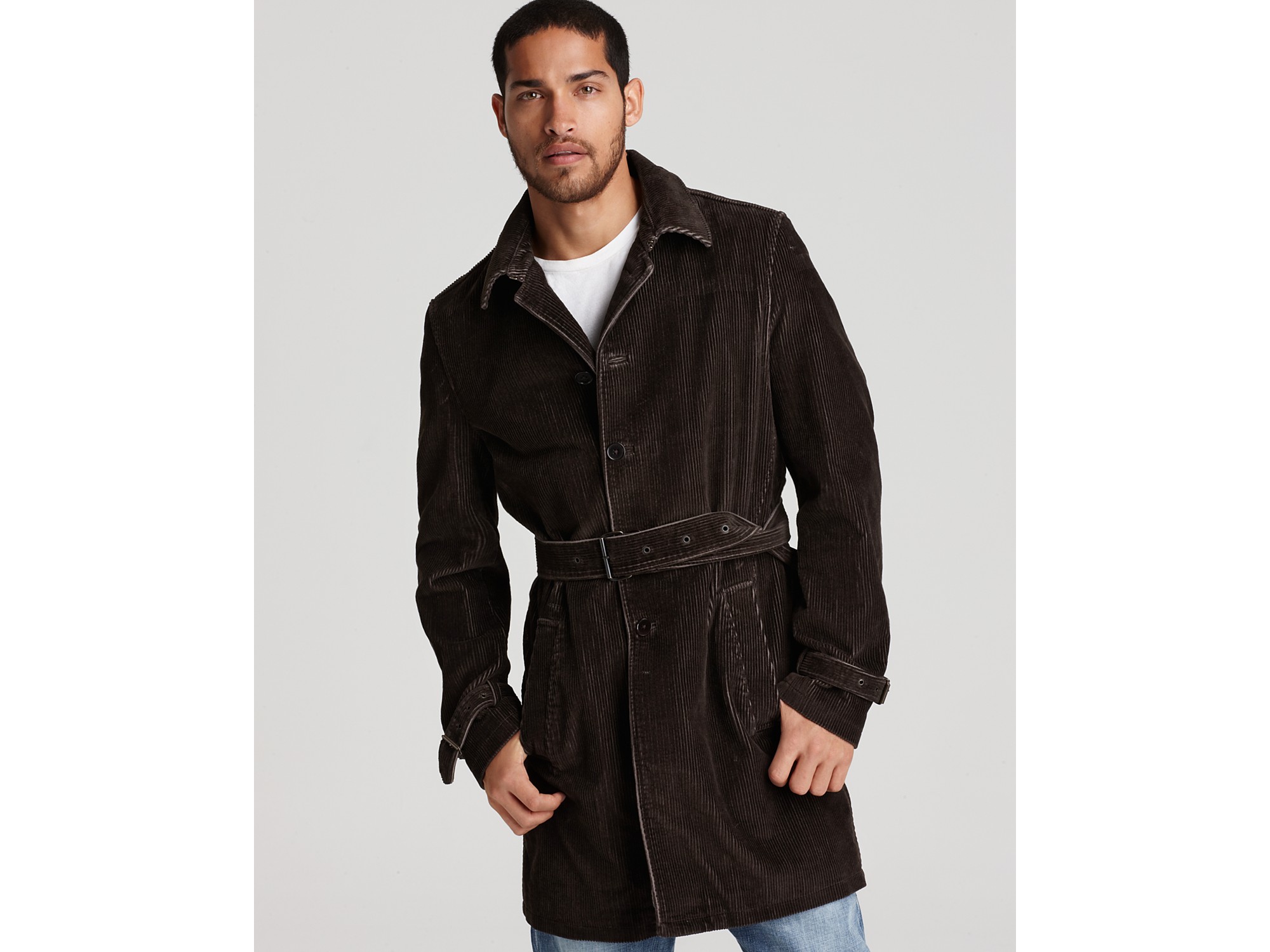 John varvatos Star Usa Belted Corduroy Trench Coat in Brown for Men | Lyst