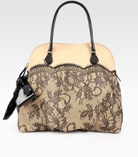Valentino Straw & Lace Handbag in Black | Lyst