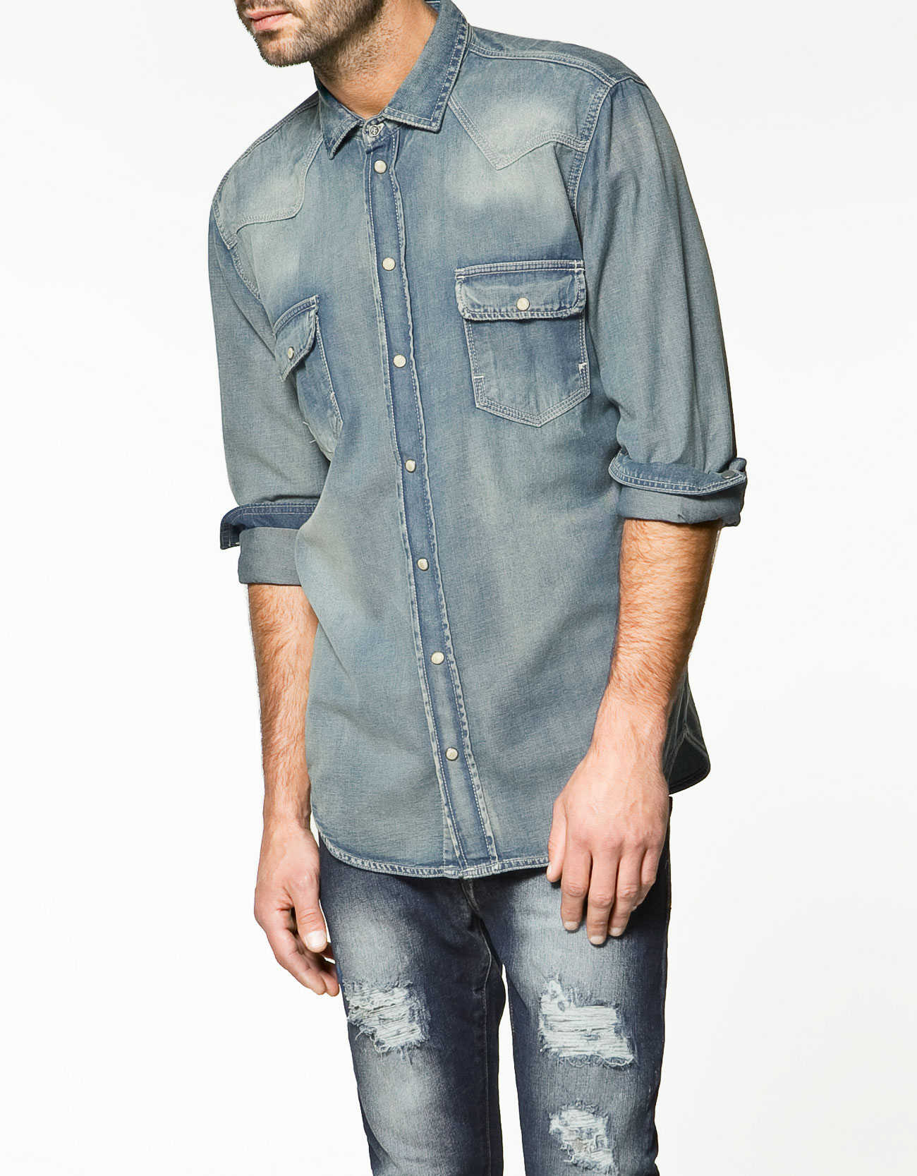 Zara Denim Shirt with V-neck Yoke in Blue for Men (denim) | Lyst