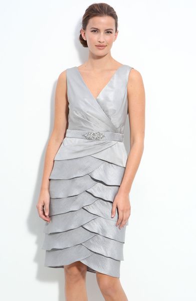 Adrianna Papell Tiered Shimmer Satin Sheath Dress & Bolero in Silver | Lyst