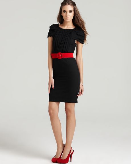 Alice + Olivia Devon Pleated Sleeve Dress with Red Belt in Black | Lyst