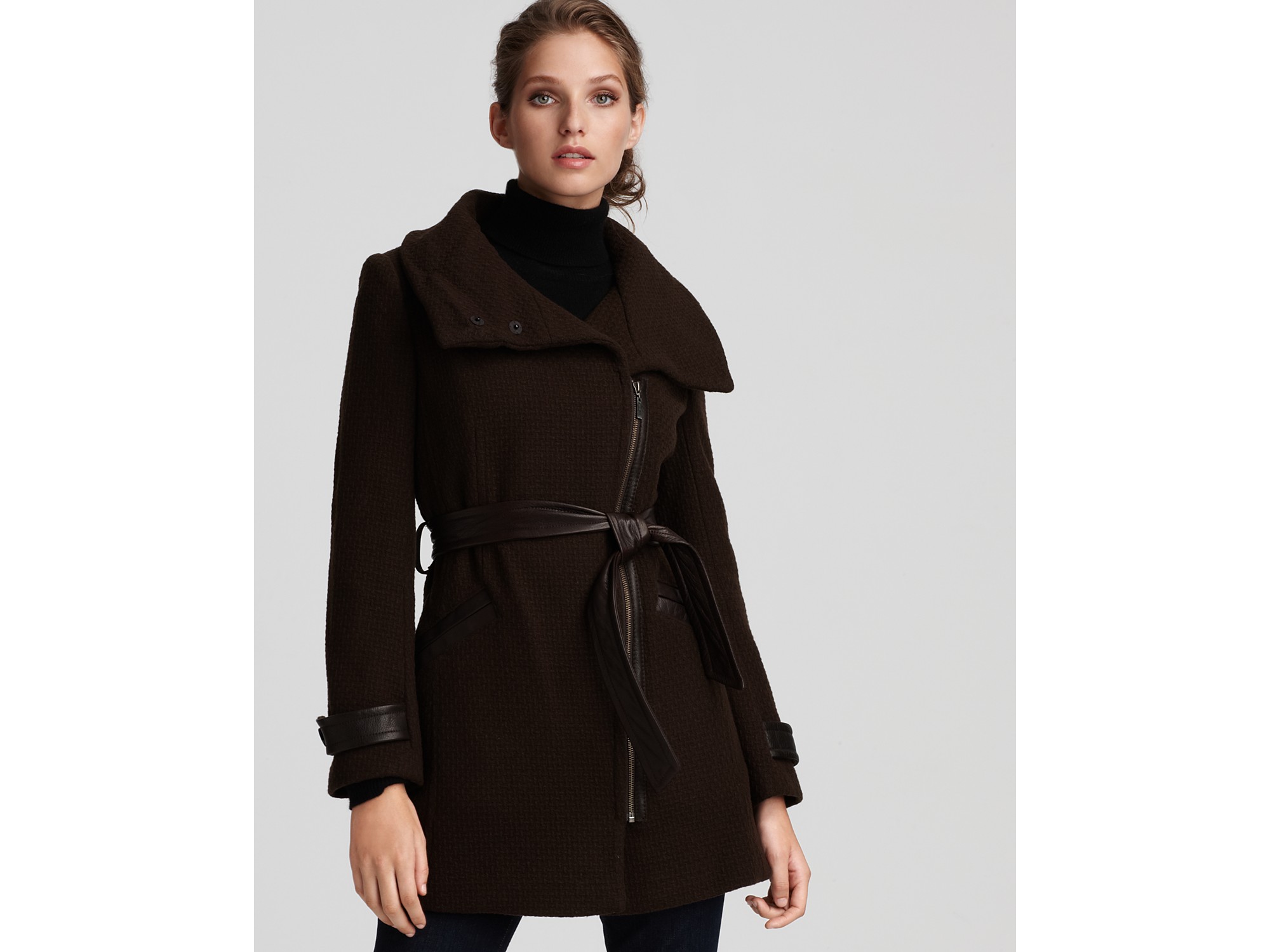 Lyst - Cole Haan Asymmetric Belted Coat with Leather Trim in Black