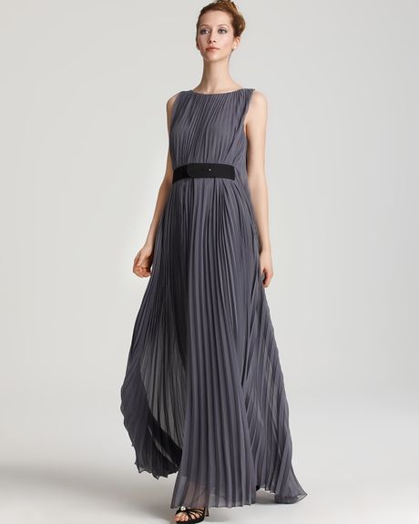 Halston Heritage Chiffon Pleated Gown with Belt in Gray (ash) | Lyst
