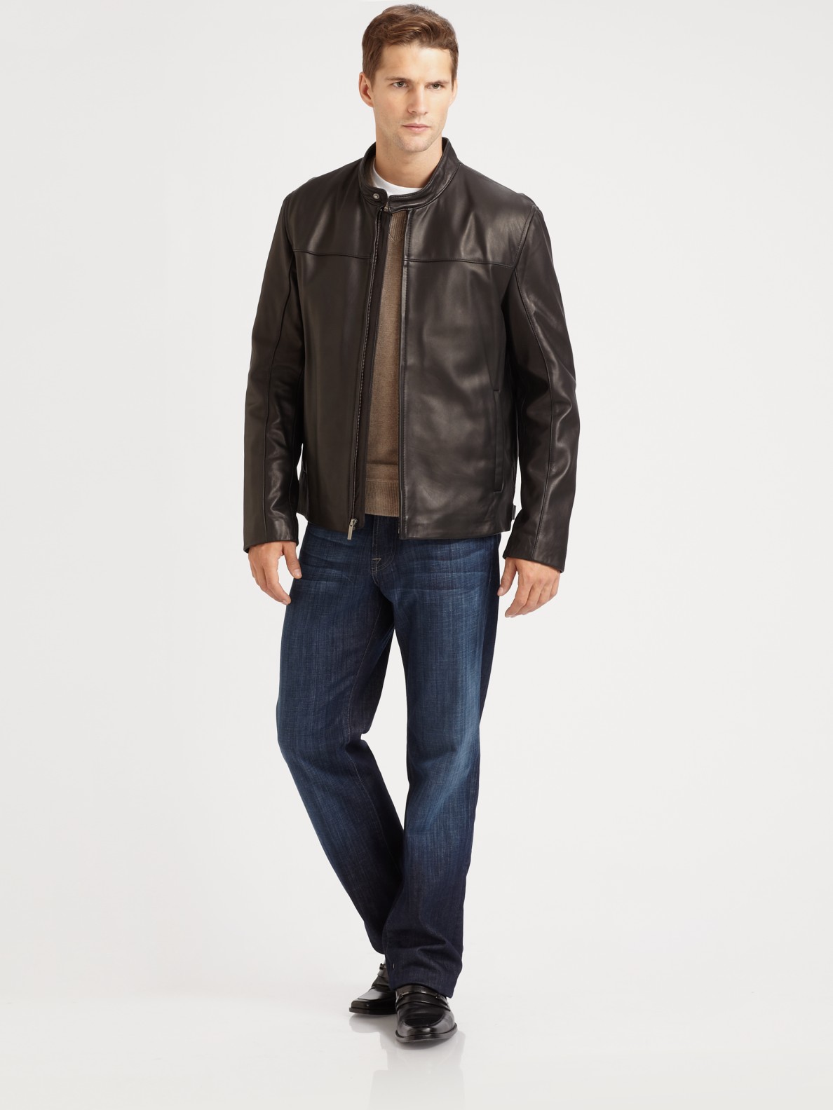 Saks Fifth Avenue Leather Moto Jacket in Black for Men | Lyst