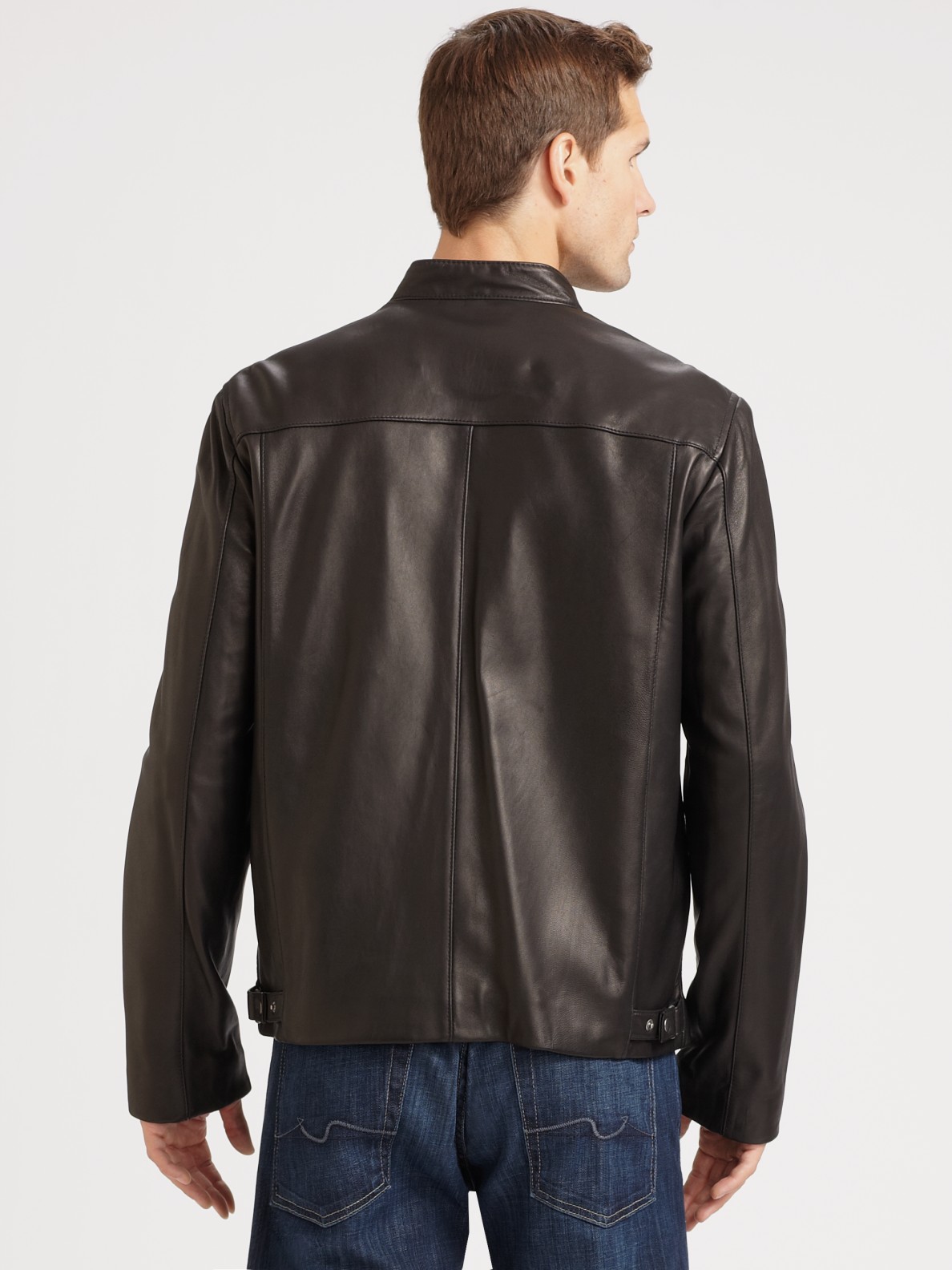 Saks fifth avenue Leather Moto Jacket in Black for Men | Lyst