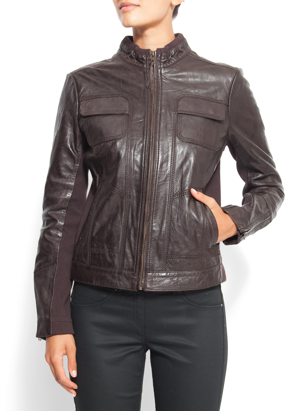 Mango Leather Cropped Jacket In Brown Lyst 8900